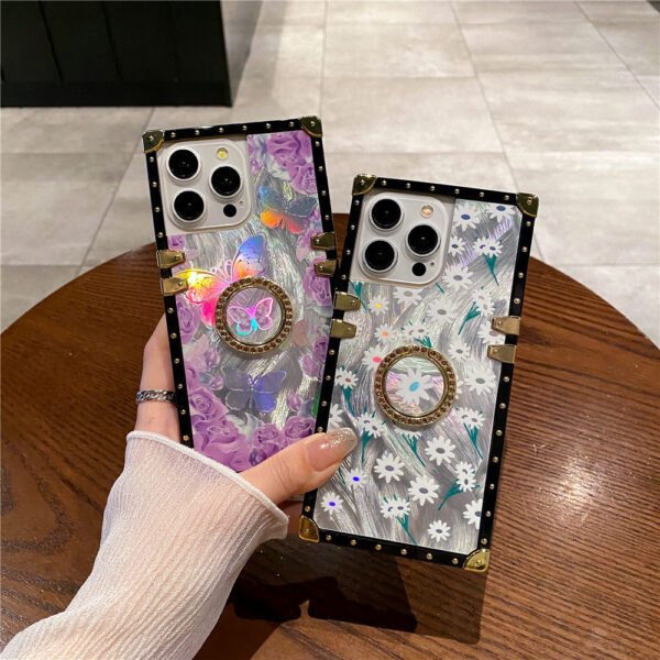 Flower Plating Case For iPhone 1 7AIR 16 15Pro Max 14 Plus 13 12 11 XR XS 6S 7 8 Plus SE2 Ring Holder Square Shockproof Laser Cover