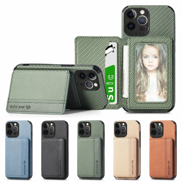 Carbon Fiber Magnetic Wallet Card Holder Case for IPhone 17 Air 16 15 14 13 11 Pro Max 12 Mini X XS XR 8 7 Plus 3 SE 2022 IPhone15 Cover