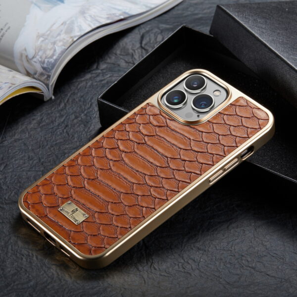 Snake Texture Leather Phone Case for iPhone 15 Pro Max 14 Plus 13 Pro 12 11 Luxury Plating Bumper Shockproof Hard Back Cover