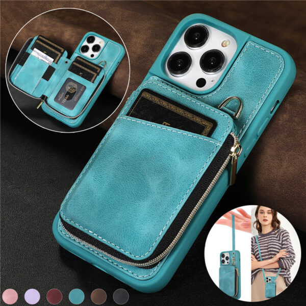 Lanyard Leather Holder Phone Case for iPhone 17 AIR 16 15 14 13 12 11 Pro XR XS Max SE 2022 8 7 6 6S Plus Wrist Rope Zip Wallet Card Cover