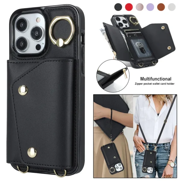 Lanyard Leather Zip Wallet Card Phone Case for iPhone  17 Air 16 15 Pro Max 14 Plus 13 Mini 12 11 X XR XS SE 2022 8 7 Ring Flip Stand Cover
