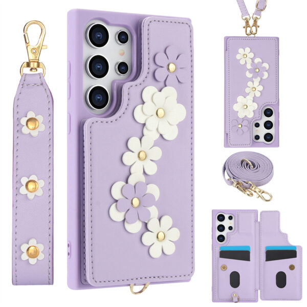 Crossbody Wrist Strap Flower Cover Case for Samsung Galaxy S24 S22 Ultra Plus S23 FE A15 A35 A55 A14 A54 A34 Card Holder Bag