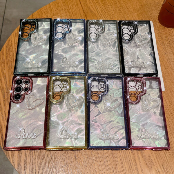 Luxury Electroplated Glitter Diamond Pearl Heart Case for Samsung Galaxy S22 S23 S24 Ultra Plating Edges Laser Feathers Cover