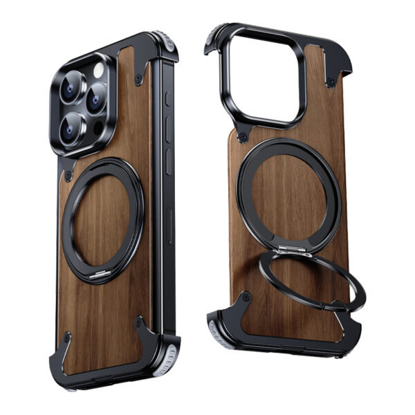 For iPhone 15 14 Pro Max Case 360°Rotating Magnetic Magsafe Car Phone Holder Walnut Wood Metal alloy framework Protective cover