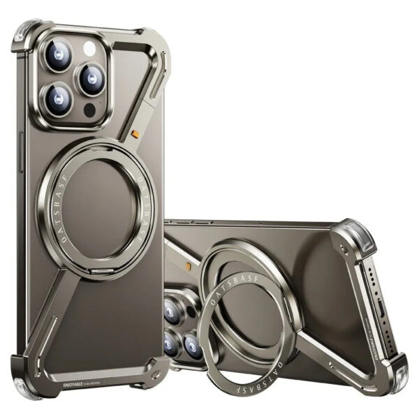 Aluminum Metal Frameless Design Bumper Z Phone Case For iPhone 15 14 Pro Max With Rotatable Ring Holder Magnetic Kickstand Cover