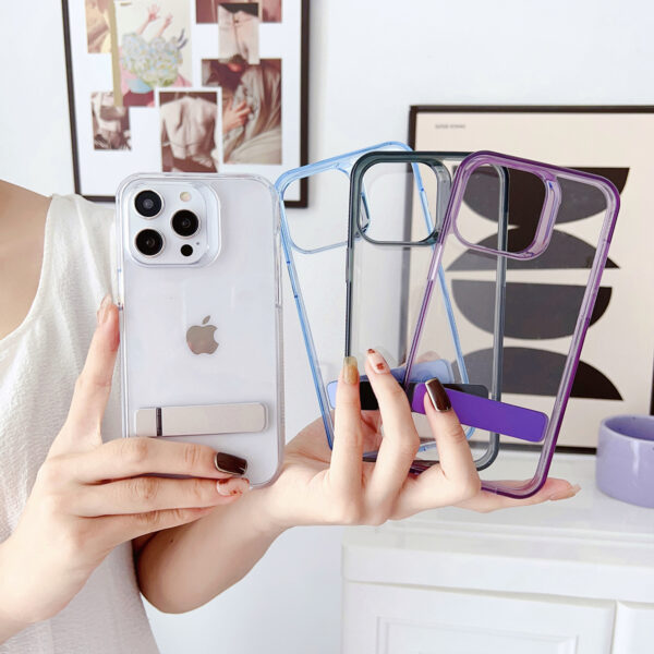 Simple Style Transparent Back Cover For iPhone 15 14 13 12 11 Pro Max 7 8 Plus Shockproof With Hide Holder Phone Protective Case