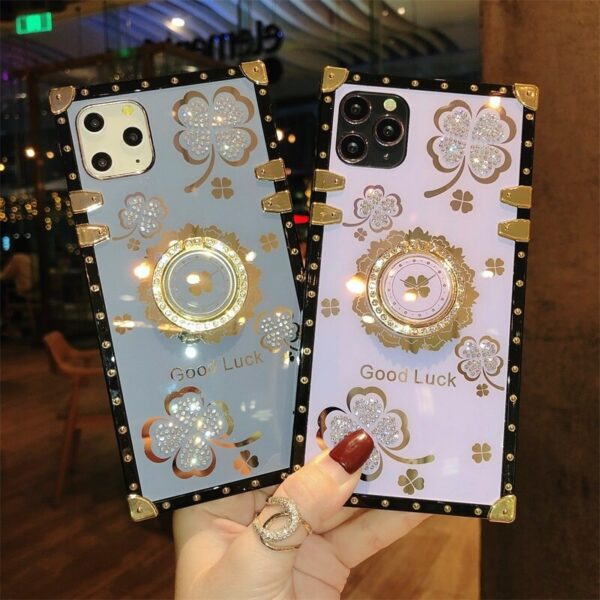 Luxury Lucky Flowers Ring Square phone Case For IPhone 17 Air 16 15 14 13 12 11 Pro Max 6 S 7 8 Plus XR XS SE Diamond glitter Cover Bracket Fundas