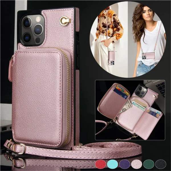 Lanyard Leather Zipper Wallet Card Phone Case for iPhone 17 AIr 16 15 14 Pro Max 13 12 Mini 11 XS XR X SE 2022 8 7 6 Plus Flip Stand Cover