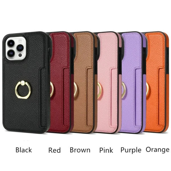 Card Solt Litchi Leather Wallet Case For iPhone 17  Air 11 12 13 14 15 16 Pro Max 15 Plus Ring Holder Cover For iPhone 15 Pro Soft Cover