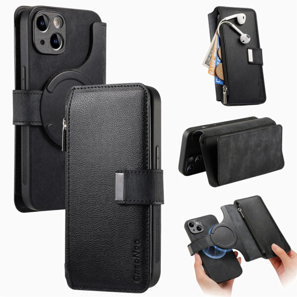 For iPhone  17 Air 16 15 14 13 12 11 XS Max XR 8 7 6 Plus Wallet Case, Zipper Storage Design, Detachable Magnetic Flip Folio Cover